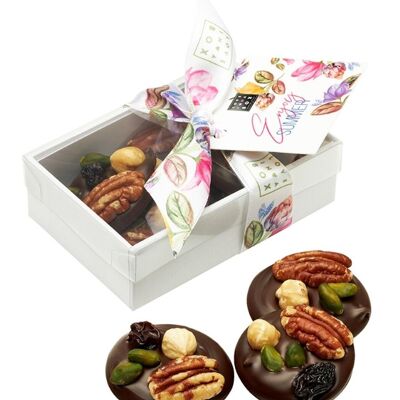 Chocolate Mendiants Pistachios, Pecan nuts, Hazelnuts & Raisins Dark – handmade luxury mendiants dark chocolate with nuts & fruits - summer edition