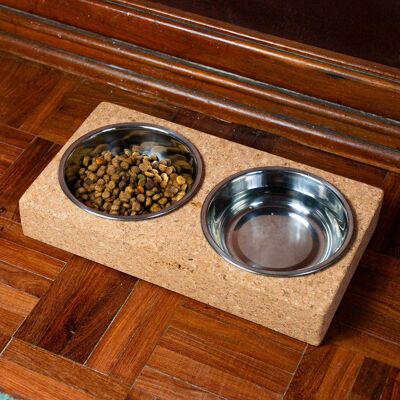Cork Base and Stainless Steel Double Bowl Pet Food Dish L-925