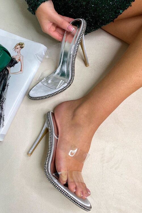 Silver Studded Diamonds Stiletto Heels With Clear Strap