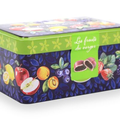 Fruit filled candies in metal tin