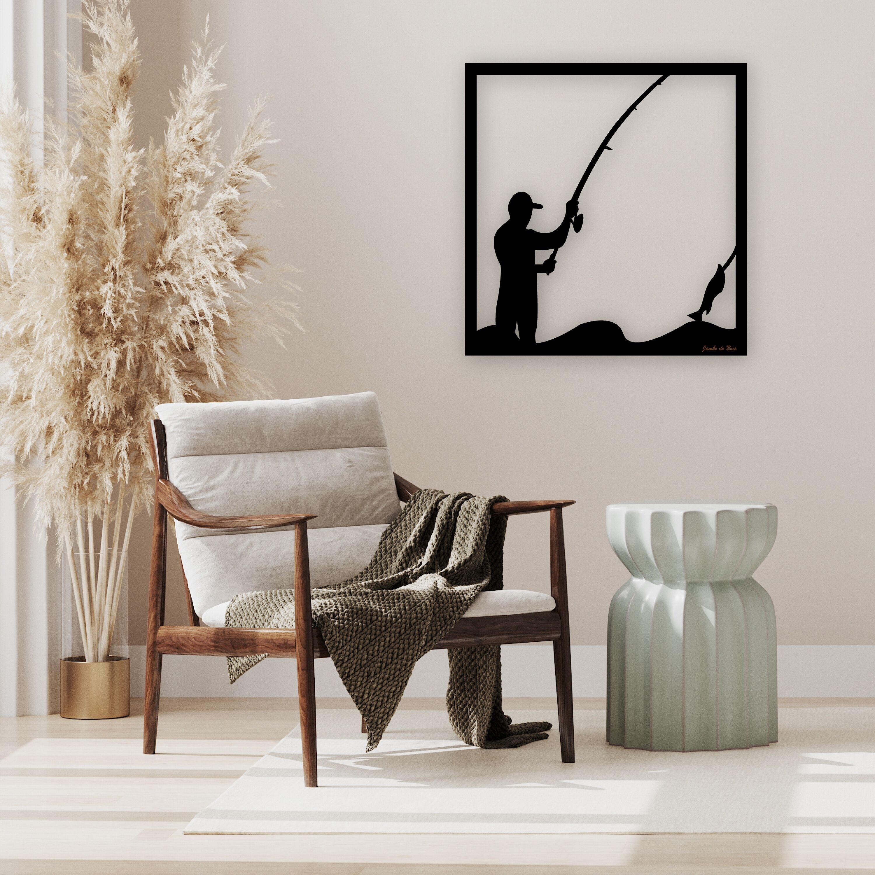 Tavola decorativa in legno ritagliata e scavata, La Peche