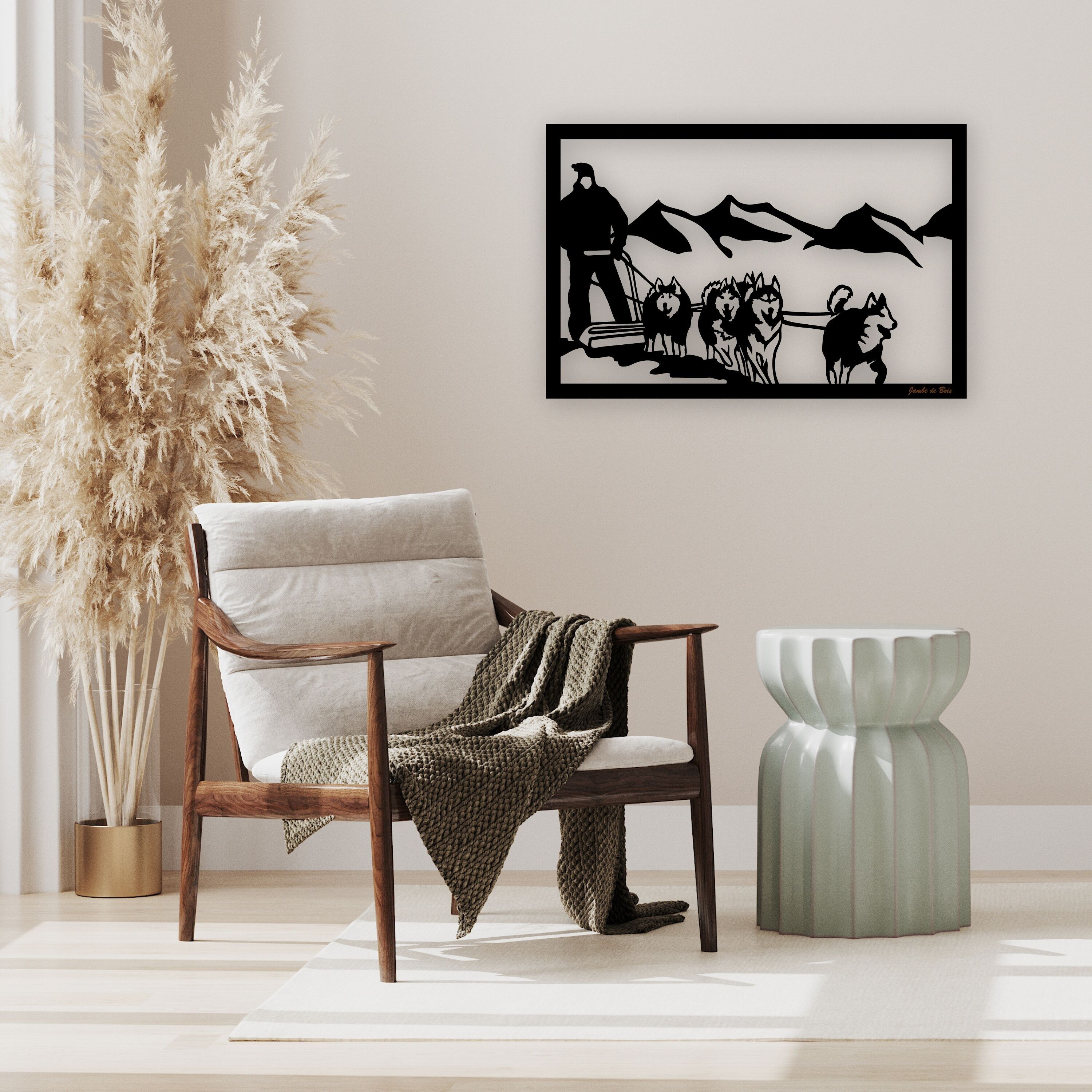 Cut out, hollowed out decorative wooden table, Sled Dogs