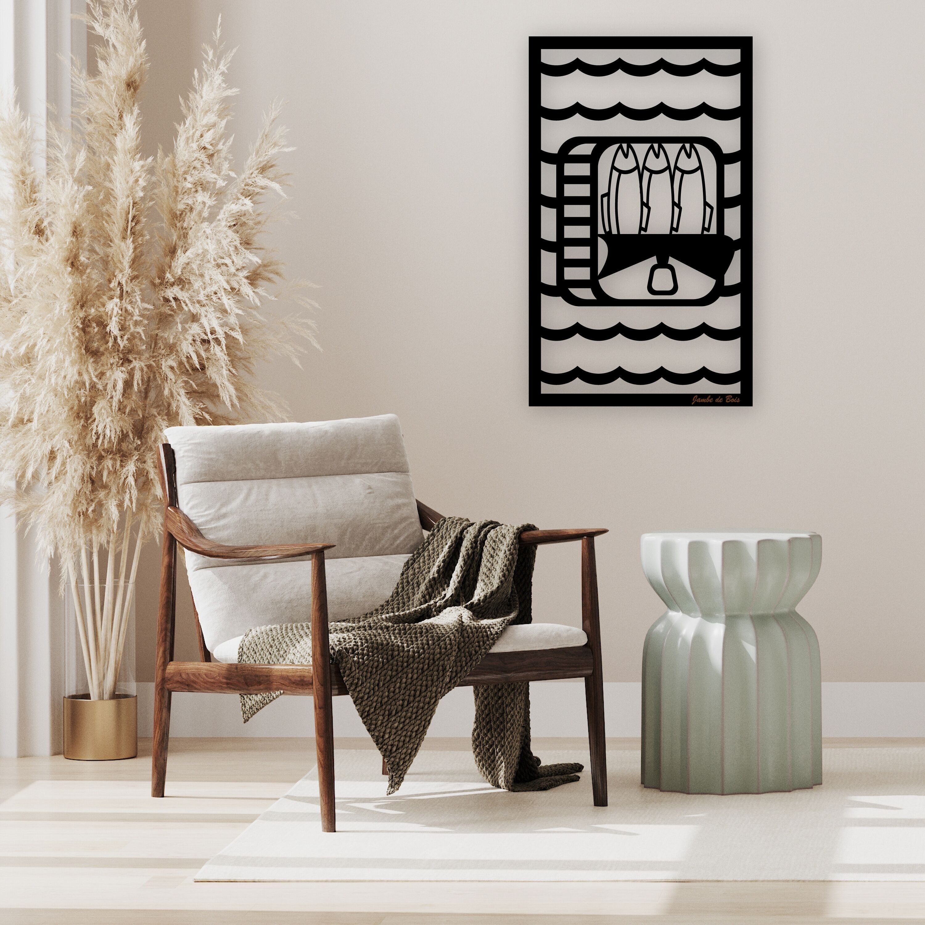 Cut out, hollowed out decorative wooden board, Sardines