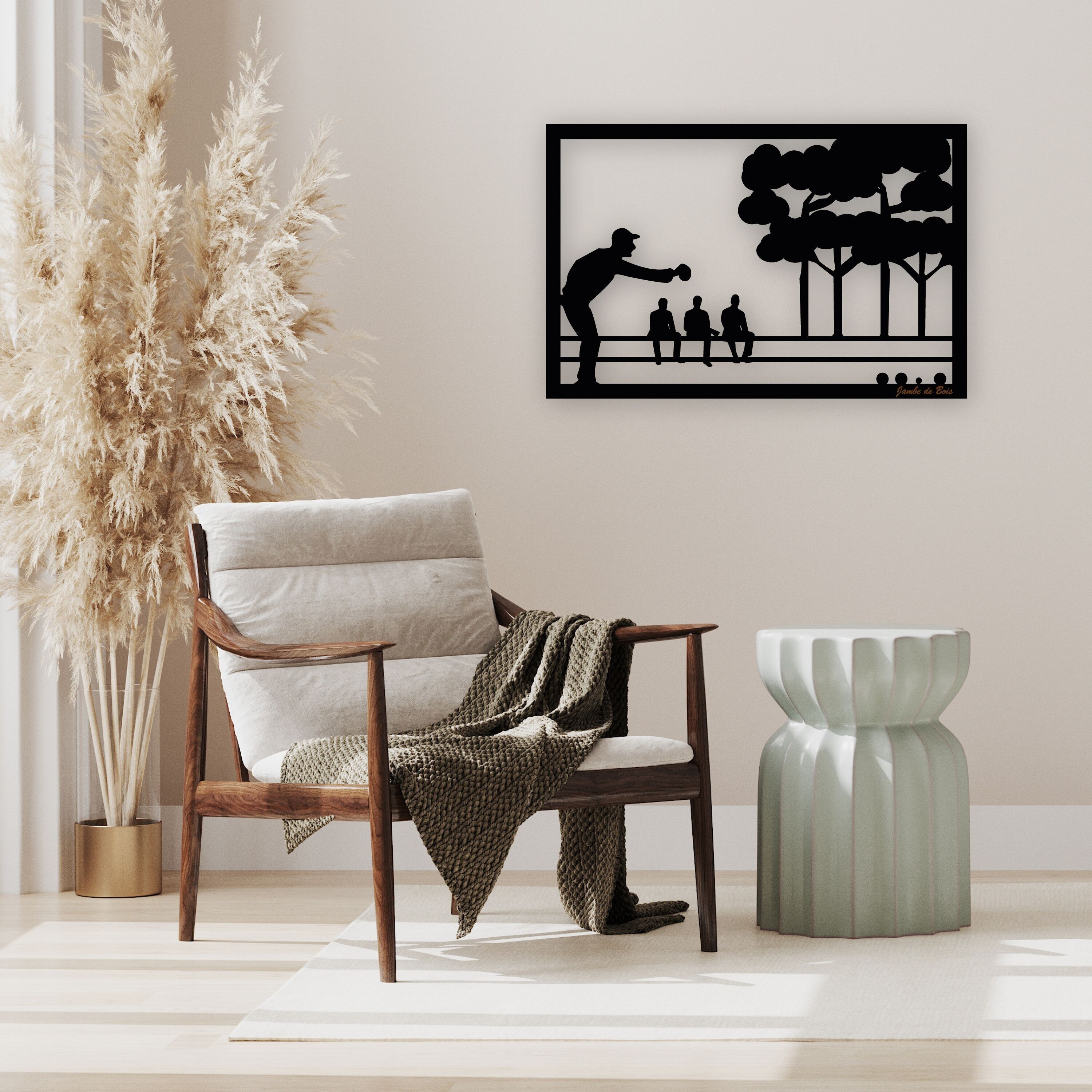 Cut out, hollowed out decorative wooden table, La Pétanque