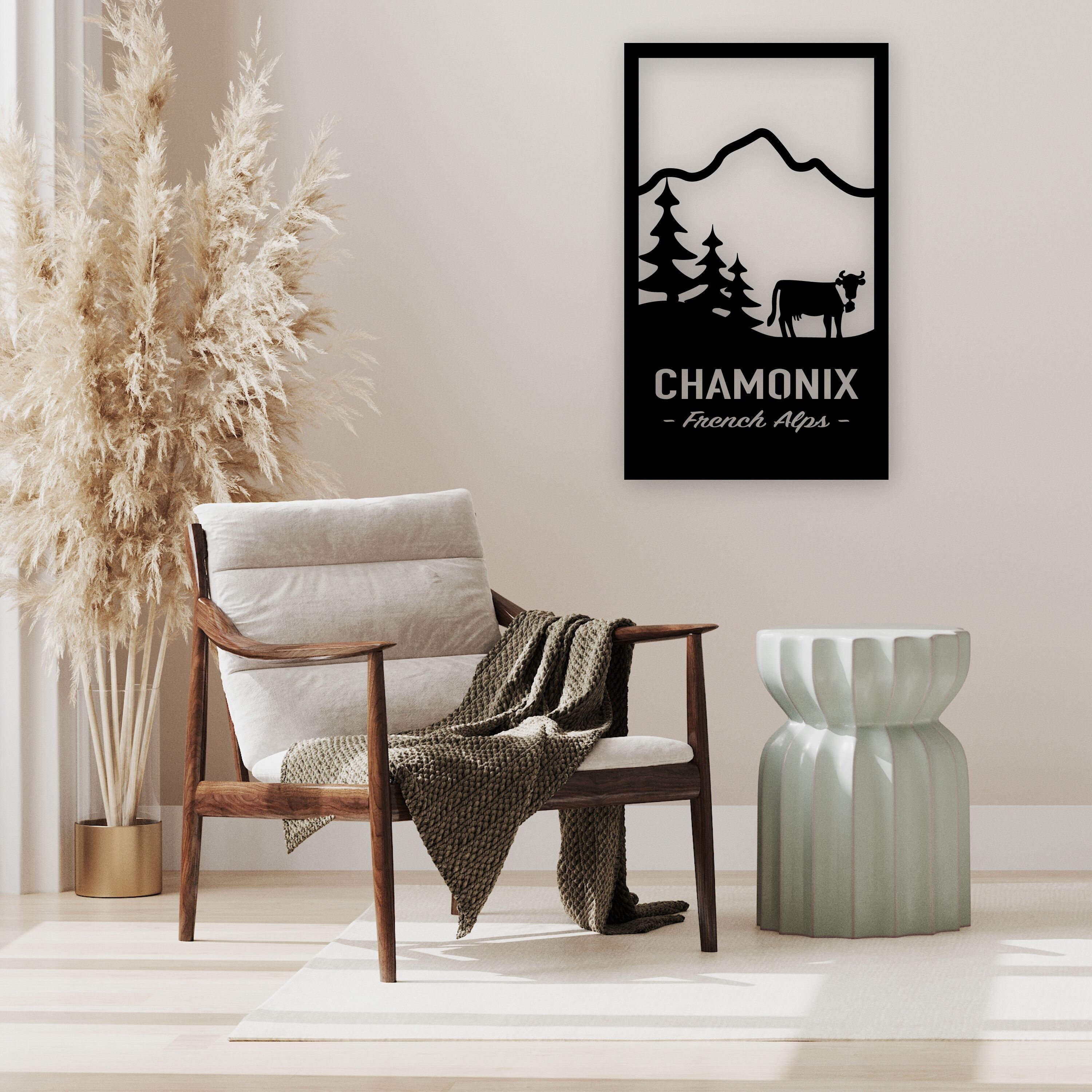 Dipinto decorativo in legno ritagliato e scavato, la mucca al pascolo di montagna