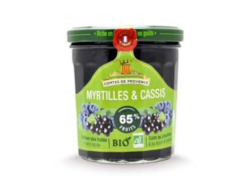 Confiture de Myrtilles & Cassis BIO 65% de fruits allégée en sucre