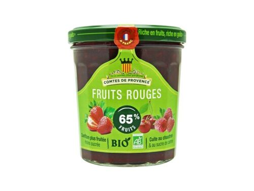 Confiture de Fruits rouges BIO (Fraises, cerises, framboises) 65% de fruits allégée en sucre