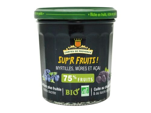 Confiture aux superfruits de Myrtilles Mûres & Açai BIO 75% de fruits allégée en sucre