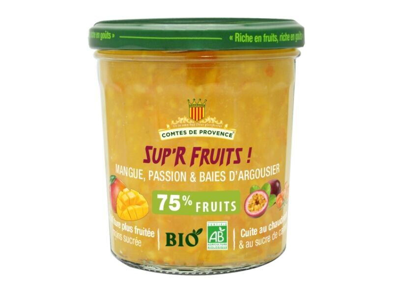 Confettura di Superfrutti - Mango - Frutto della Passione e Bacche di Olivello Spinoso 75% di frutta a basso contenuto di zucchero 350g