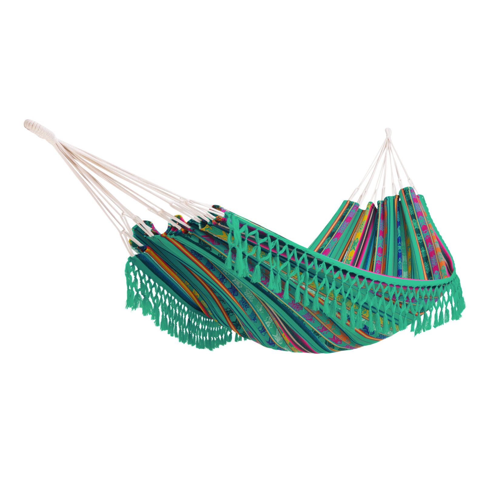 Hängematte La Otavaleña Fringe Aqua, dickes Tuch, reine Baumwolle, handgefertigt in Ecuador