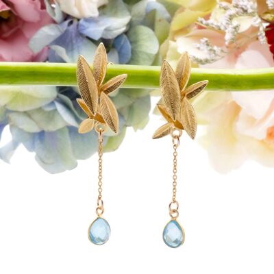 Boucles d’oreilles Phèdre : grandes feuilles et aigue-marine