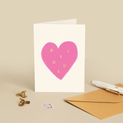 Tarjeta "Besos" Corazón Rosa - Amor / Día de la Madre / Mamá / Te amo - Mensaje en Francés - Tarjeta de Felicitación