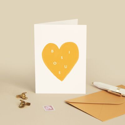 Carte "Bisous" Coeur Jaune - Amour / Fête des mères / Maman / Je t'aime - Message en français - Carte de Voeux