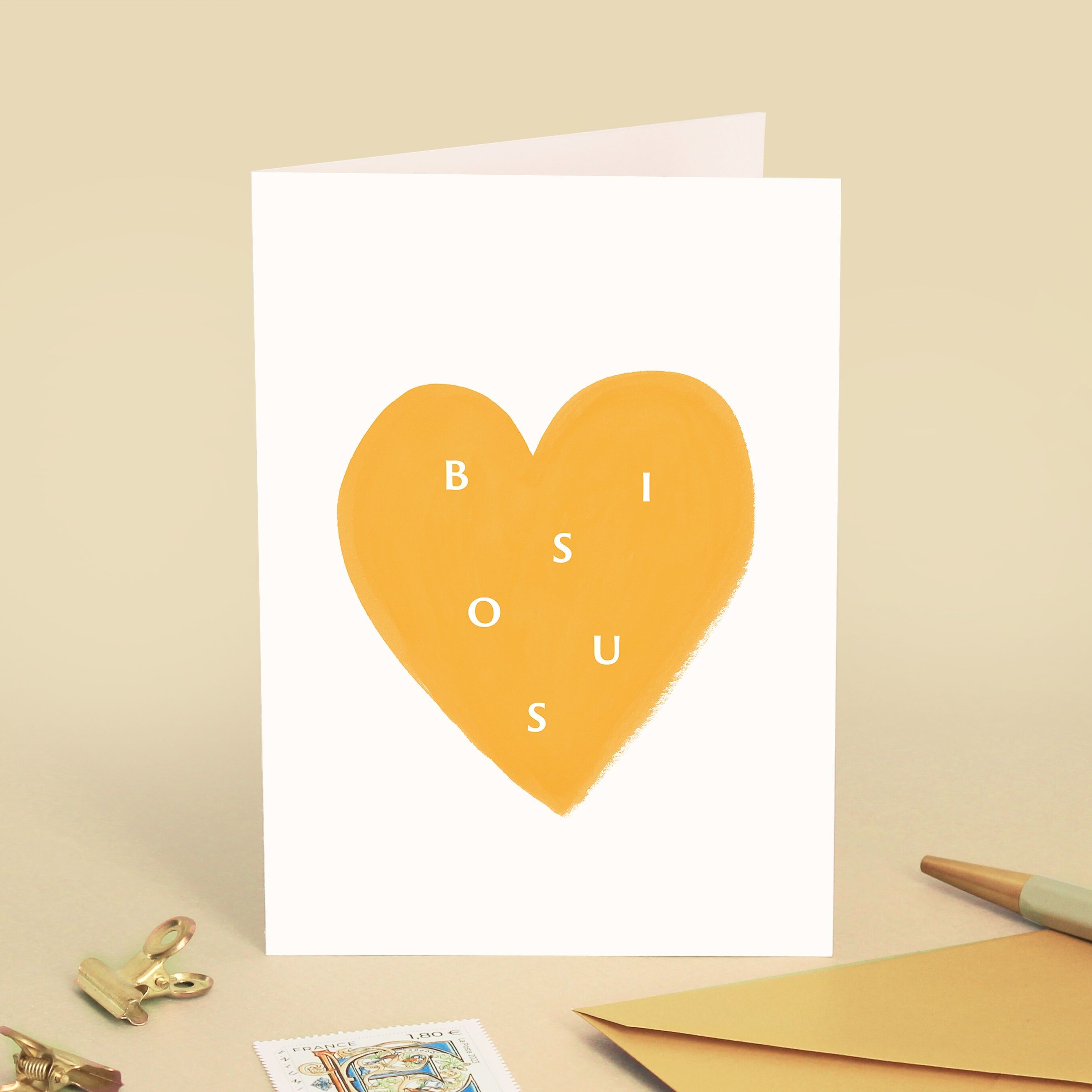 Carte de voeux "Bisous" Coeur Jaune - Amour, fête des mères, je t'aime, amoureux, mignon, jolie - Message en français