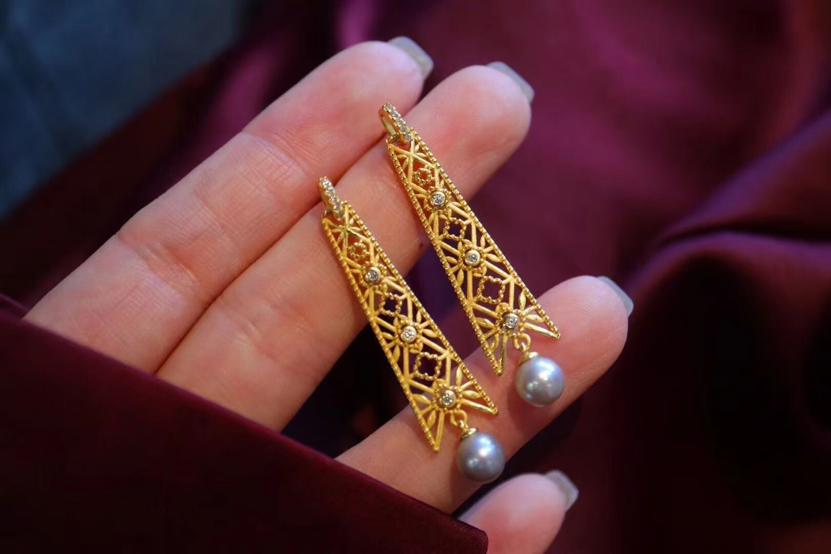 Royal Style Framed Drop Earrings with Grey Akoya Pearl