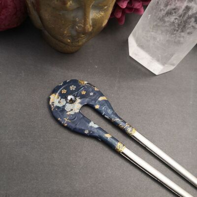 Set of 4 metal hair sticks decorated with Japanese paper and crystal, bun stick, hairdressing accessory