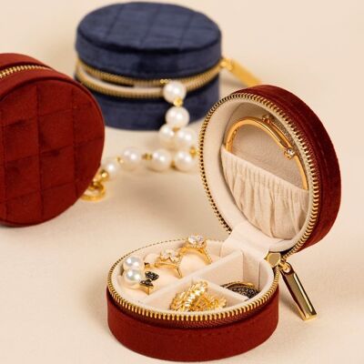 Portable Small Round Velvet Travel Jewelry Box-Diamond Patterns