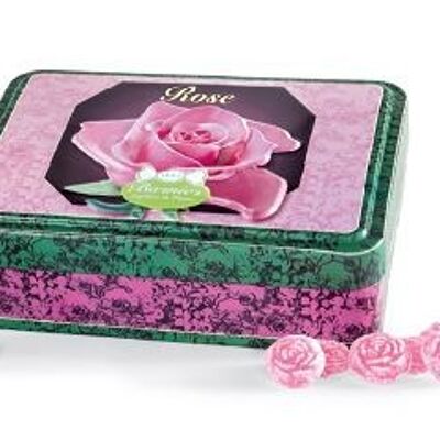 Frosted Rose candies in metal tin