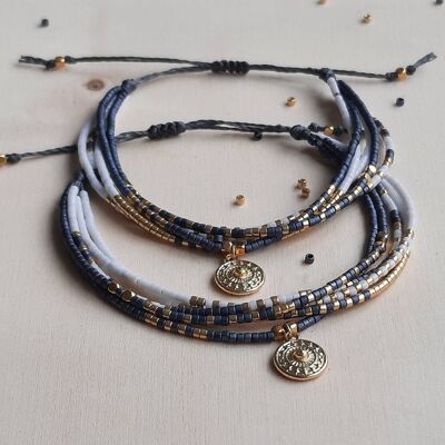 Multi-row summer bracelet with adjustable gray white gold Miyuki beads