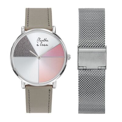 L'Indécise box in designer pink gray leather + chrome mesh
