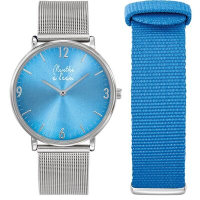 Coffret L'Imprévu fond bleu turquoise maille chromée + nato bleu