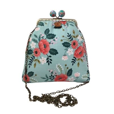 „Blossom Breeze“ Handtasche mit Blumenmuster, aquamarinfarbenem Verschluss und Kette