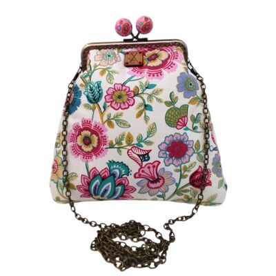 „Garden Gala“ Handtasche mit Blumenmuster, magentafarbener Schließe und Kette