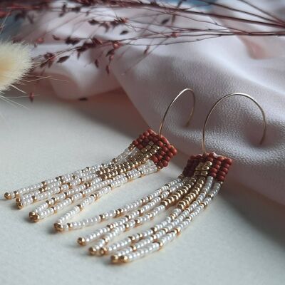 Earrings with hanging fringes woven with miyuki terracotta beads