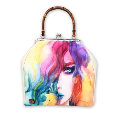 „Rainbow Serenade“ Künstlerische Handtasche mit Bambusgriff