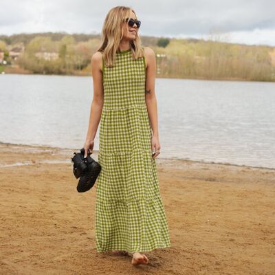 Paula Gingham Cotton Knitted Midi Dress - Green