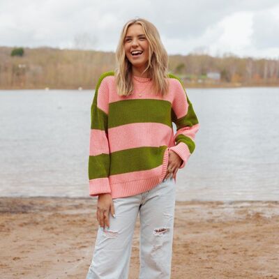 Rhiannon Recycled Cotton Mix Chunky Stripe Jumper - Pink and Green