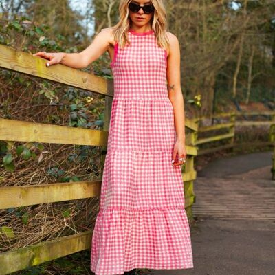 Paula Gingham Cotton Knitted Midi Dress - Hot Pink