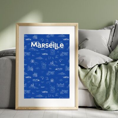 Marseille-Plakat mit wiederholtem Muster, blau und weiß