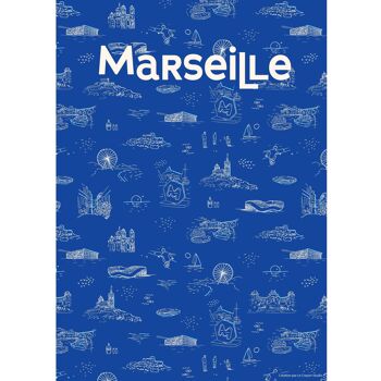Affiche Marseille motif répété, bleu & blanc 2