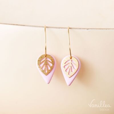 Light pink earrings with gold leaf in polymer