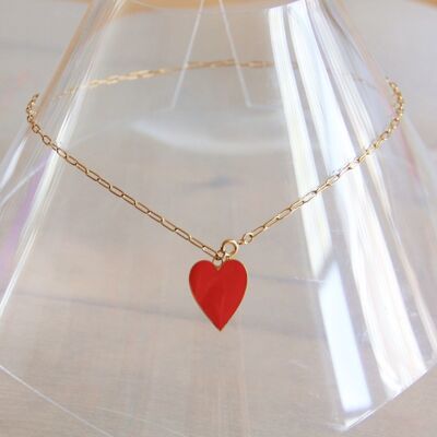 Stainless steel d-chain necklace with heart – red/gold
