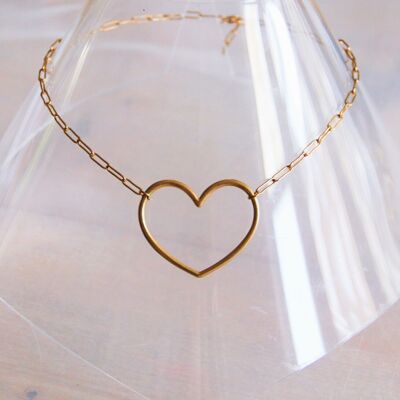 Collar de cadena en forma de D de acero inoxidable con corazón abierto XL – dorado