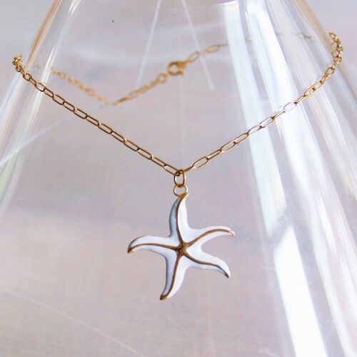 Stainless steel d-chain necklace with XL starfish – mother of pearl/gold