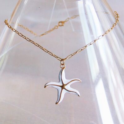 Collar de cadena en forma de D de acero inoxidable con estrella de mar XL – nácar/oro