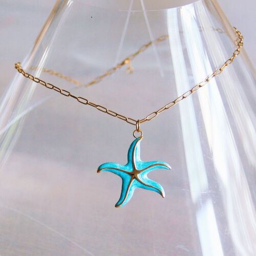 Stainless steel d-chain necklace with XL starfish – turquoise/gold