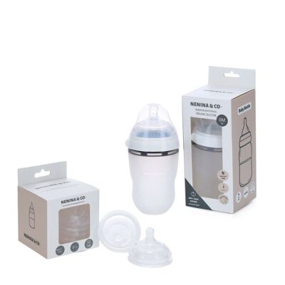 Packen Sie eine neue hochwertige Babyflasche in Dusty White + Ersatz x 4 Silikonsauger von Nenina & Co