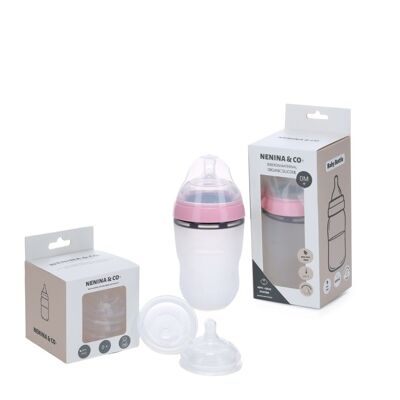 New Pink Quality Baby Bottle Pack + Replacement x 4 Nenina & Co Silicone Teats