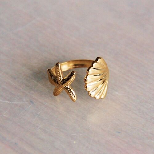 Stainless steel adjustable ring with starfish and shell – gold