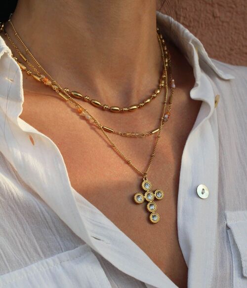 Collier Or pendentif croix à strass Donatella | Bijoux faits main en France