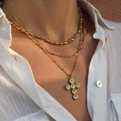 Gold necklace with rhinestone cross pendant Donatella | Handmade jewelry in France