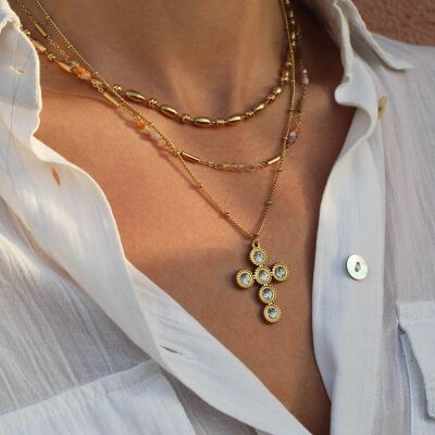 Gold necklace with rhinestone cross pendant Donatella | Handmade jewelry in France