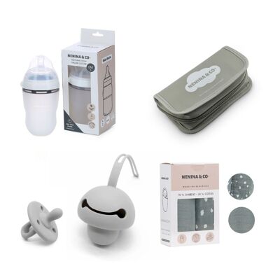 Ideal Gift Kit Hygiene set + Pacifier holder + Pacifier + Bottle + Replacement of 4 teats Nenina & Co