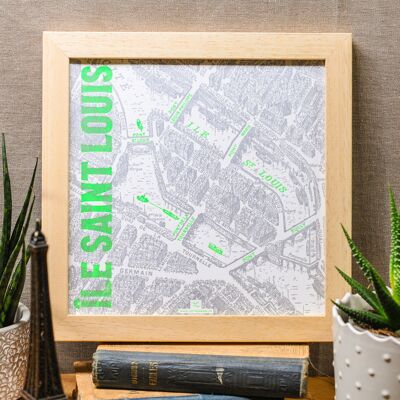 Cartel tipográfico Île Saint Louis, mapa de París neón verde plata vintage cuadrado