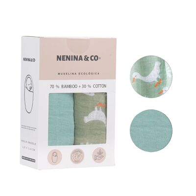 Packung 2 Musselin Mint + Ente 70 % Bambus + 30 % Baumwolle Nenina & Co