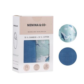 Pack de 2 Mousseline Bleu + Marine 70% Bambou +30% Coton Nenina & Co